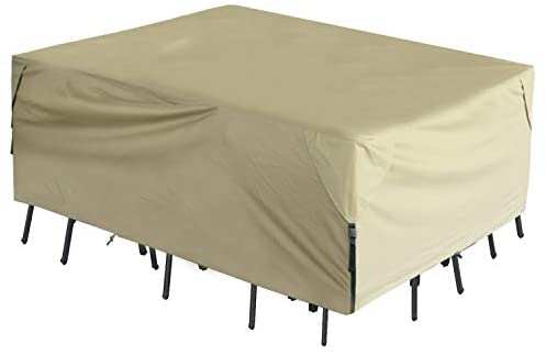 FLYMEI 600D PVC Tough Canvas 100% Waterproof Square/Round Patio Table & Chair Set Cover (60"(L) x60(W) x30(H), Beige)