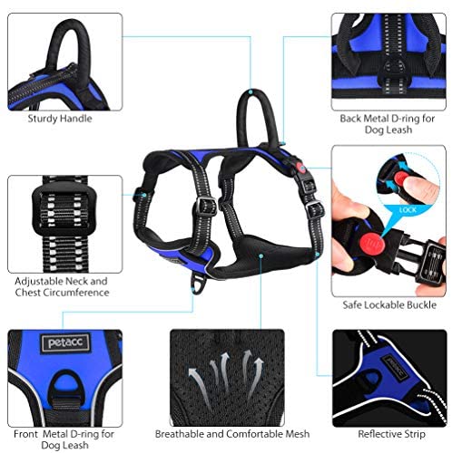 Petacc Dog Harness No-Pull Pet Harness Adjustable Outdoor Pet Reflective Vest Dog Walking Harness with Postpositive D-Ring Buckle and Handle for Small Medium Large Dogs