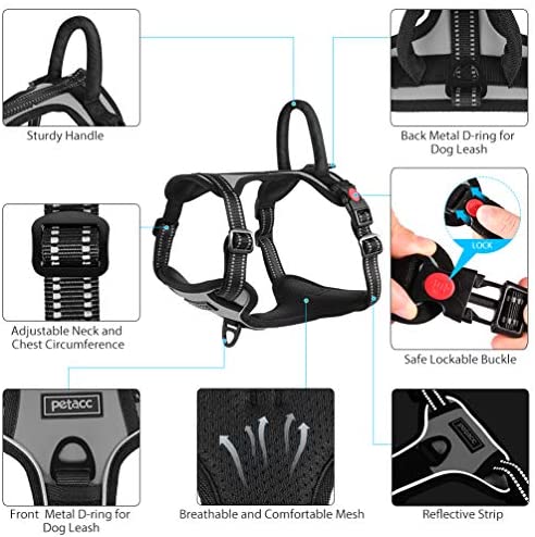 Petacc Dog Harness No-Pull Pet Harness Adjustable Outdoor Pet Reflective Vest Dog Walking Harness with Postpositive D-Ring Buckle and Handle for Small Medium Large Dogs