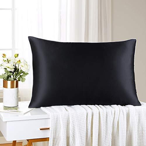 Mellanni Silk Pillowcase Queen - 19 Momme 100% Pure Natural Mulberry Silk Pillow Case for Hair and Skin - Hidden Zipper Closure - Both Sides are Silk (Queen 20" X 30", Black, White Piping)