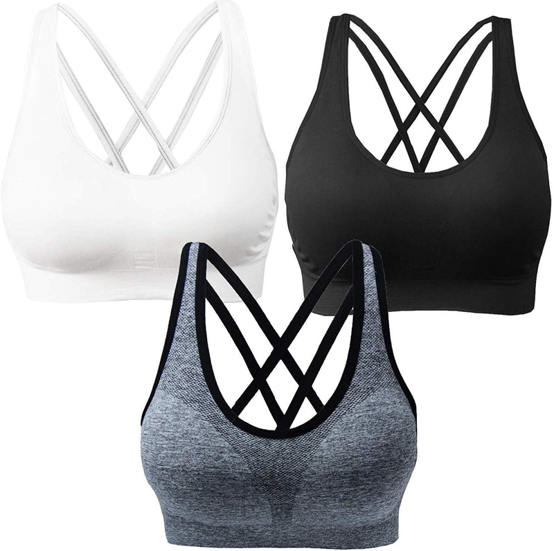 AKAMC 3 Pack Women's Medium Support Cross Back Wirefree Removable Cups Yoga Sport Bra