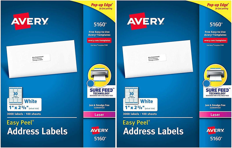 Avery 5160 Easy Peel Address Labels, White, 1 x 2-5/8 Inch, 3,000 Count (Pack of 1) Pack of 2