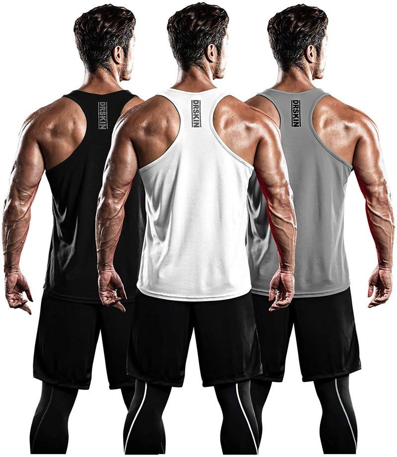 DRSKIN Men's 2~3 Pack Dry Fit Y-Back Gym Muscle Tank Mesh Sleeveless Top Fitness Training Cool Dry Athletic Workout