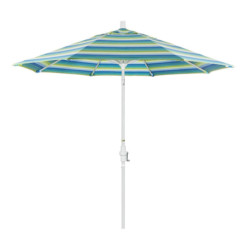 California Umbrella 9' Round Aluminum Market Umbrella, Crank Lift, Collar Tilt, White Pole, Sunbrella Pacific Blue