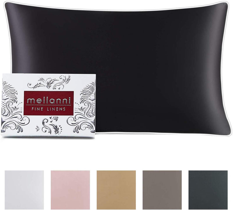 Mellanni Silk Pillowcase Queen - 19 Momme 100% Pure Natural Mulberry Silk Pillow Case for Hair and Skin - Hidden Zipper Closure - Both Sides are Silk (Queen 20" X 30", Black, White Piping)