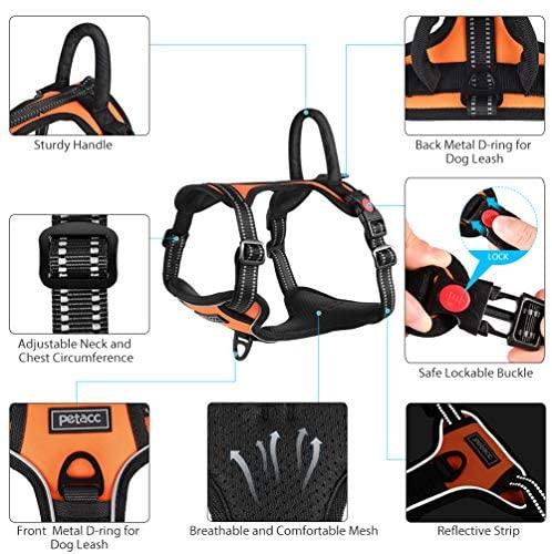 Petacc Dog Harness No-Pull Pet Harness Adjustable Outdoor Pet Reflective Vest Dog Walking Harness with Postpositive D-Ring Buckle and Handle for Small Medium Large Dogs