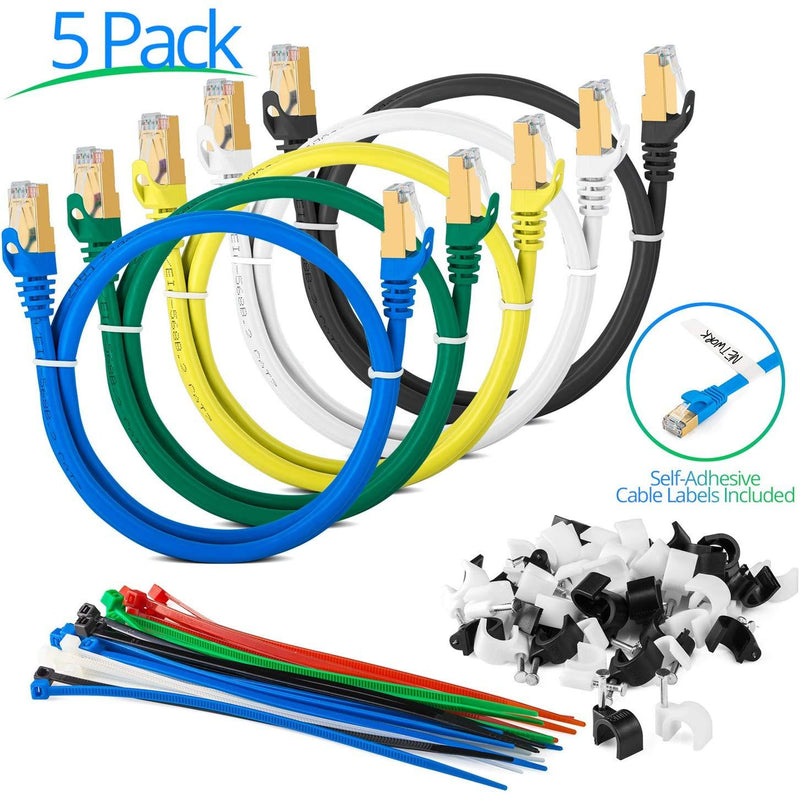 Maximm Cat7 Ethernet Cable, 15 Feet, Green, 5-Pack - Pure Copper - RJ45 Gold-Plated Snagless Connectors 600 MHz, 10 Gbps. for Fast Network & Computer Networking + Cable Clips and Ties